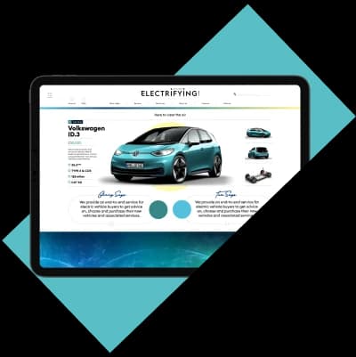 Tablet displaying an electric vehicle comparison webpage featuring the Volkswagen ID.3 on the Electrifying platform.