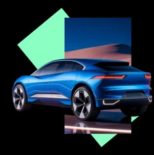 Blue electric concept car shown from the rear in a stylized studio setting, representing automotive and mobility innovation.