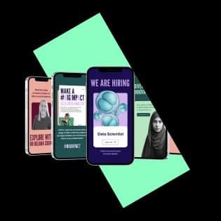 Collection of smartphone screens displaying nonprofit and social impact content, including hiring announcements, awareness messages, and community campaigns.