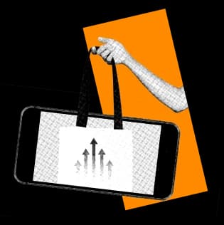 Illustration of a hand holding a smartphone like a shopping bag, with upward arrows on the screen representing e-commerce growth.