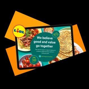 Promotional banner featuring packaged food products and a message about quality and value, representing consumer packaged goods branding.