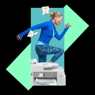 Woman in athletic clothing stepping forward above an office printer, illustrating agility and innovation in a technology or SaaS environment.