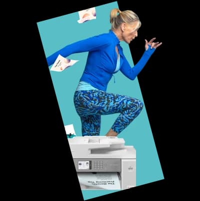 Woman in athletic wear running in place above a multifunction printer, representing fast, dynamic creative design services.
