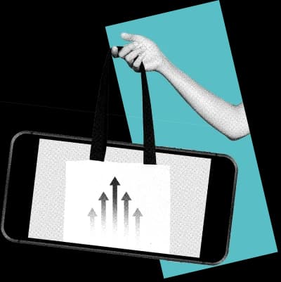 Smartphone held like a shopping bag with upward arrows, representing ecommerce growth, digital retail, and online sales performance.