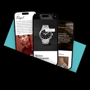Smartphone screens showcasing luxury brand content, including a premium wristwatch, fashion imagery, and editorial-style layouts.