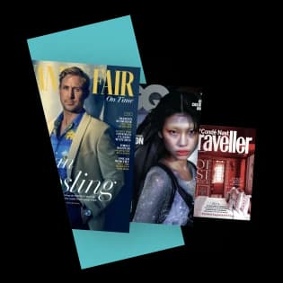 Overlapping magazine covers featuring Vanity Fair and Condé Nast Traveller, with fashion and lifestyle photography.