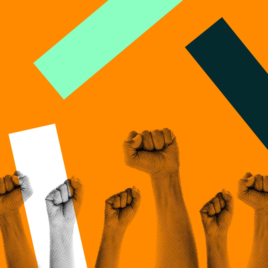 Hands raised up in the air, shown on the orange background.